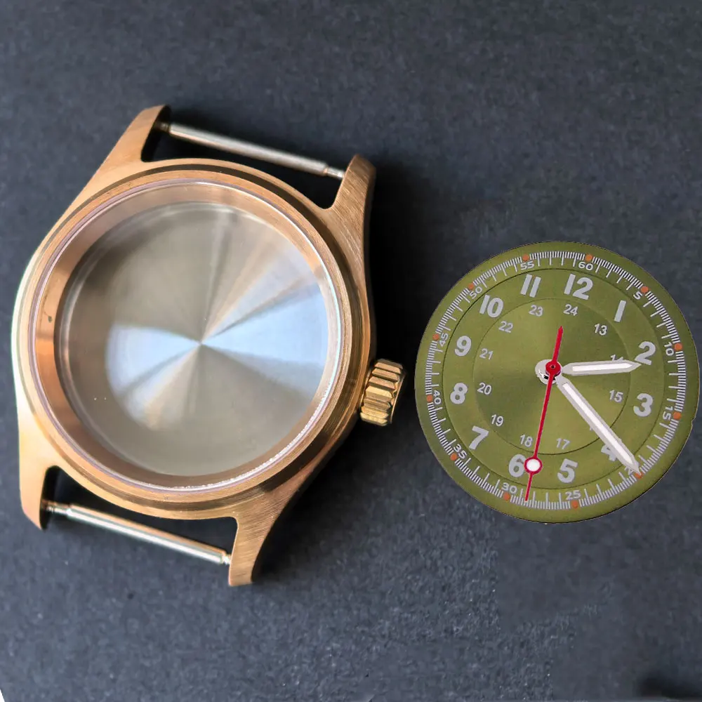 Vintage 36mm Real Cusn8 Bronze Pilot Watch Case Dial Hands Set for NH35 NH36 ETA2824 PT5000 Sapphire Glass 20ATM Diving Case