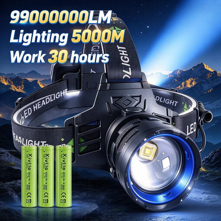 99000000LM High Power LED Headlight 18650 Ultra Powerful Reloadable Front Lamp Long Range Head Flashlight 18650 Camping Fishing