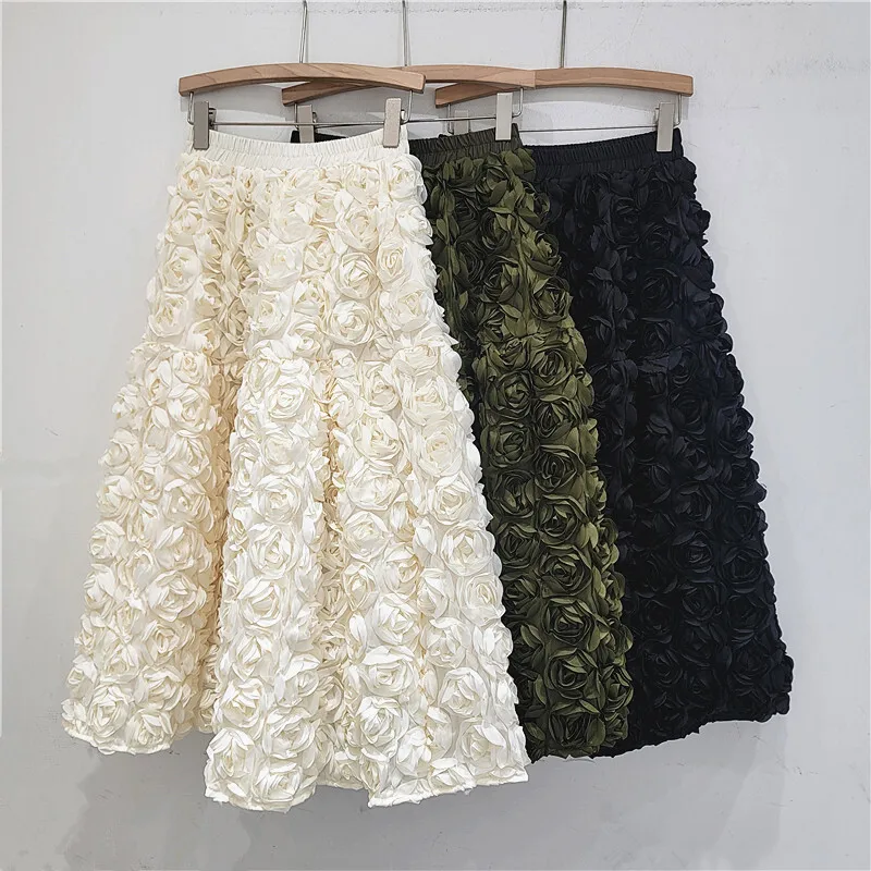 Heavy Work Rose Skirts For Women Casual Elastic Waistband 3D Rose Trimming A-line Loose Black and Beige Skirts Dating Gifts