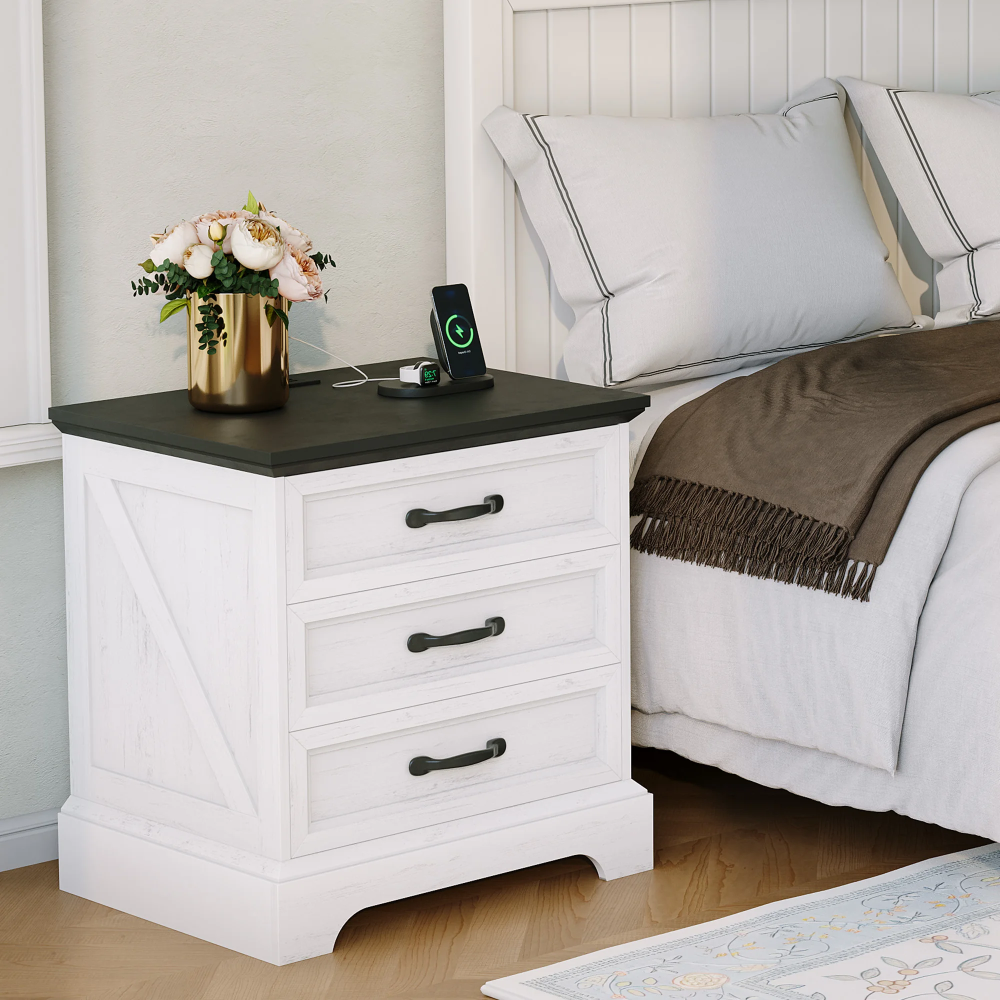 Modern Farmhouse Nightstand with Charging Station & 3 Large Drawers, Rustic 24.8 Inch Wide End Side Table Retro Wood Big Nightstand Beside Table for Living Room Bedroom, White(1/2Pcs)