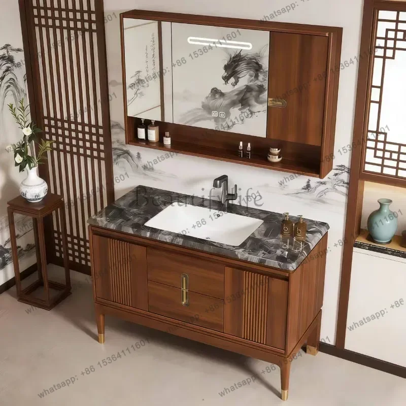 New Chinese rubber wood floor-to-ceiling ceramic integrated basin, bathroom cabinet combination washstand