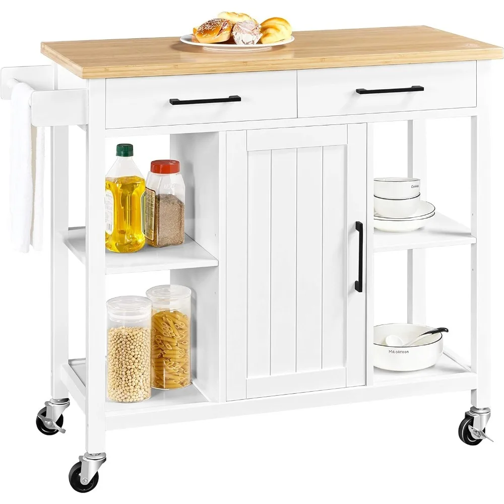 

Storage Rack Trolley, Kitchen Island Cart with Bamboo Countertop with Drawers & Adjustable Shelves, Rolling Kitchen Storage Cart