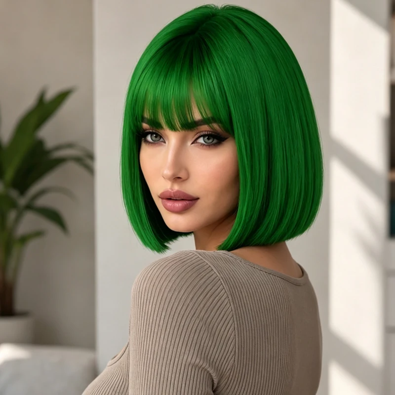 12-inch green straight women's wig, smooth and easy to style, perfect for Halloween, Christmas parties, and dances.