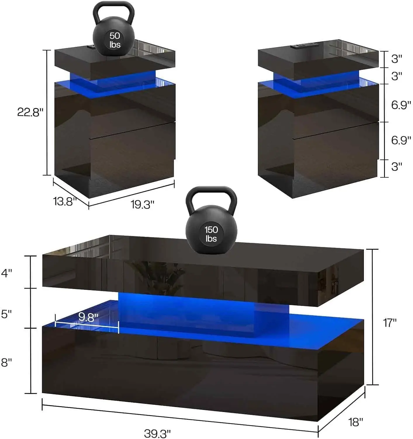 Conjunto de mesa de sala de estar de 3 peças, conjunto de mesa de centro moderno de alto brilho com luz LED e espaço de armazenamento, 2 mesas laterais, preto