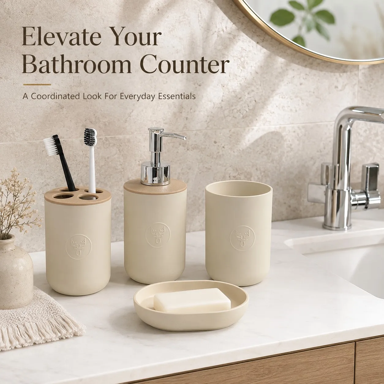 4pc Bathroom Accessories Set Beige Plastic Soap Dispenser Toothbrush Holder Tumbler Cup Soap Dish Countertop Vanity Organizer