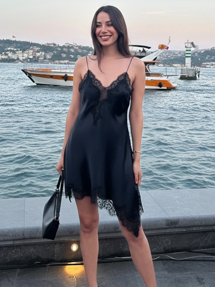 HH 2026 Spring Summer Elegant Satin Lace Sling Dress For Women Sexy Asymmetry Sleeveless Backless Party Dress Lady Beach Dress