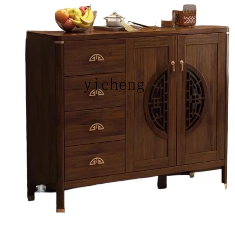 

TQH All solid wood dining side cabinet integrated against the wall New Chinese living room storage locker Tea cabinet