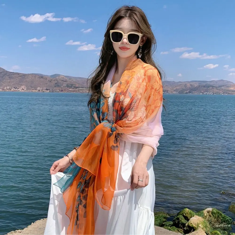 وشاح حريري رقيق للنساء ، شال حماية من الشمس الرقيق ، فورال عتيق ، عطلة رائعة ناعمة