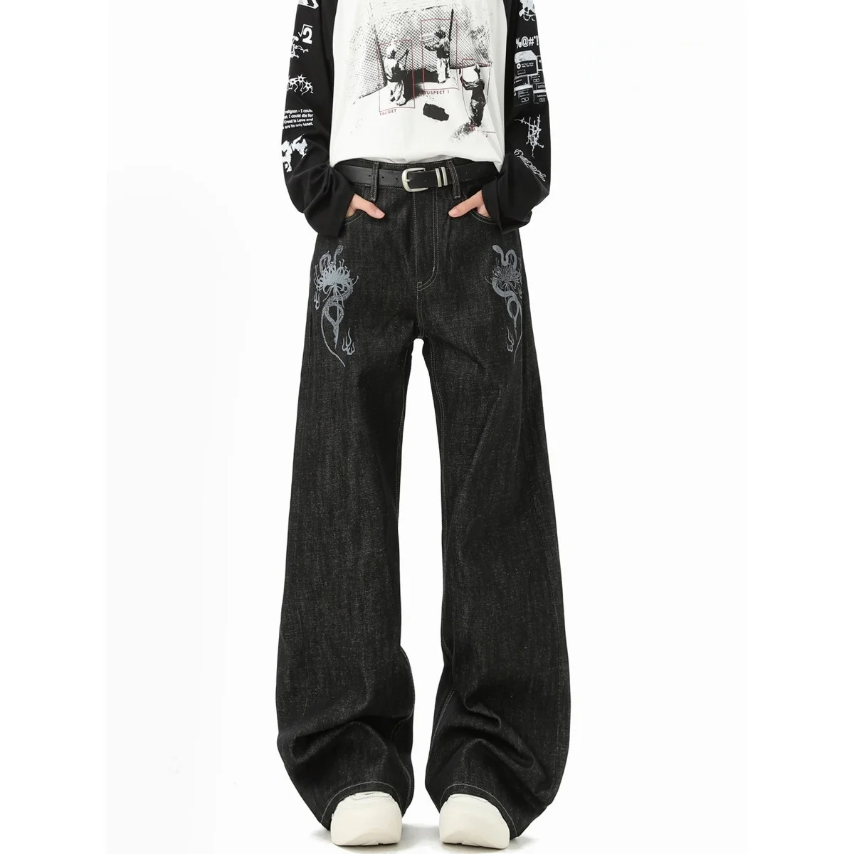 Calças Jeans Retrô Americanas com Estampa de Osso de , Cor Original, Corte Reto Solto, Perna Larga Preta, para Homens e ...