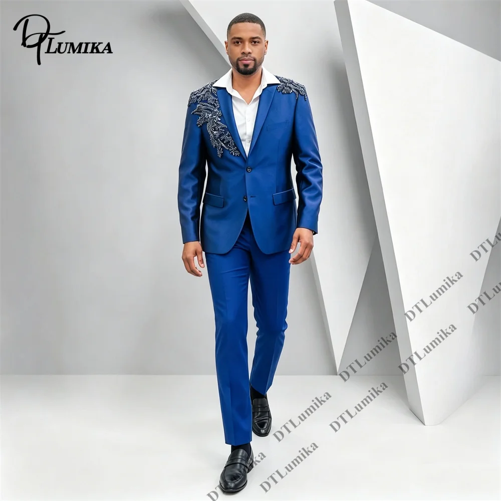 Men's Exquisite Suit 2 Piece Embroidered Shoulder Blazer Pants Set Single Breasted Formal Tuxedo for Wedding Prom Banquet Party
