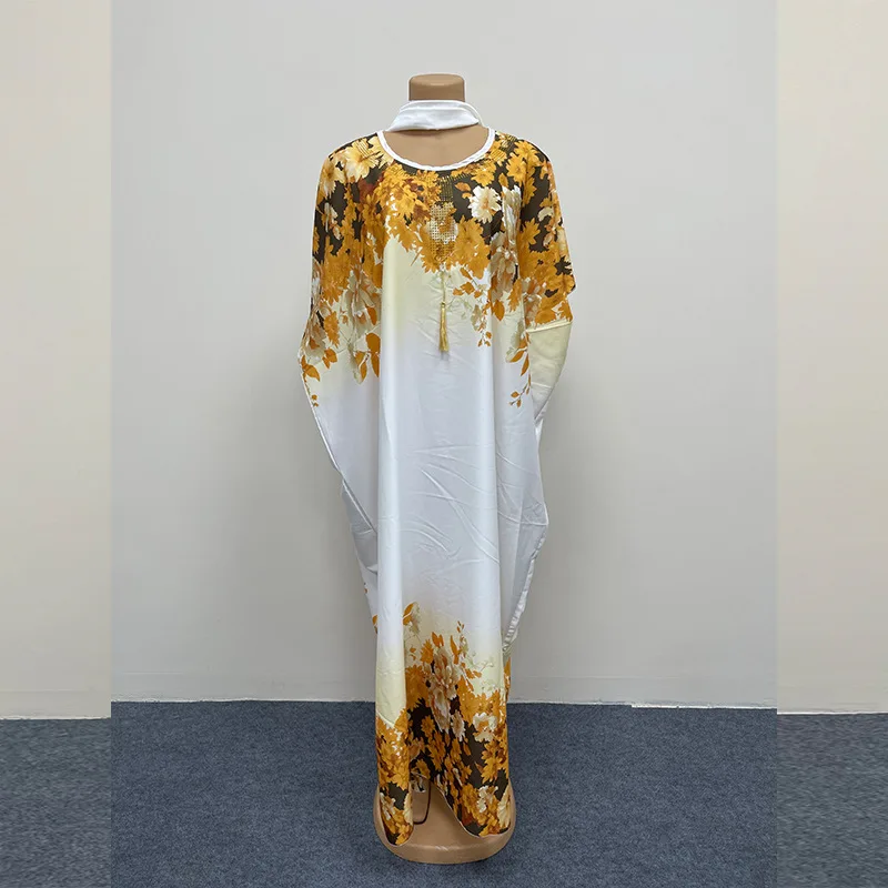 

2025 New Fashion Hot Diamond Large Scarf Tassel Ethnic Bubu Loose Breathable African Cotton Women's Printed Dress