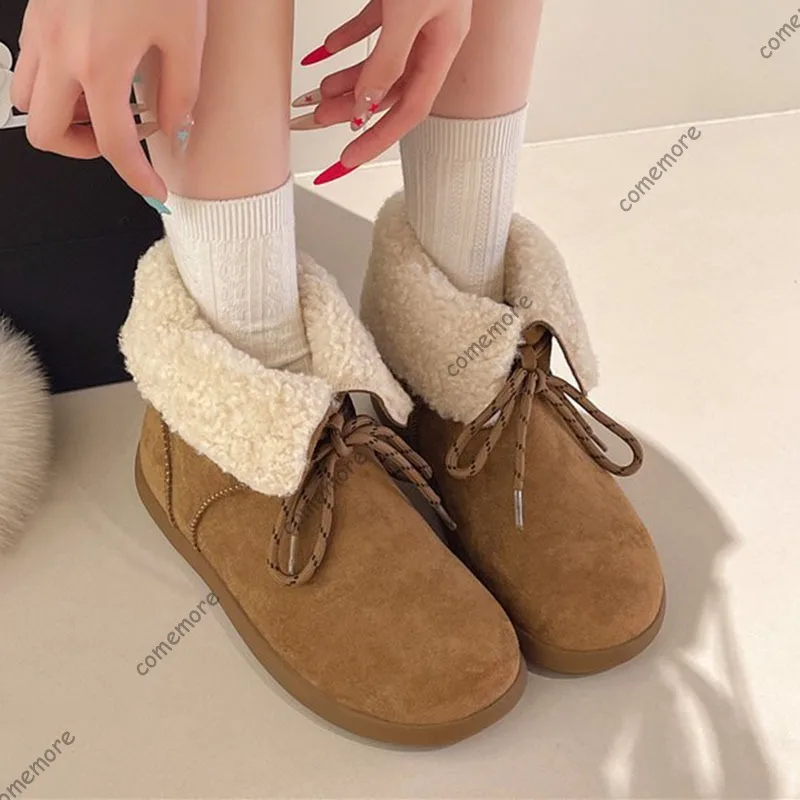 

Зимние сапоги Comemore, новые зимние женские туфли на плоской подошве из плоского хлопка, удобные короткие плюшевые замшевые женские короткие ботинки на меху