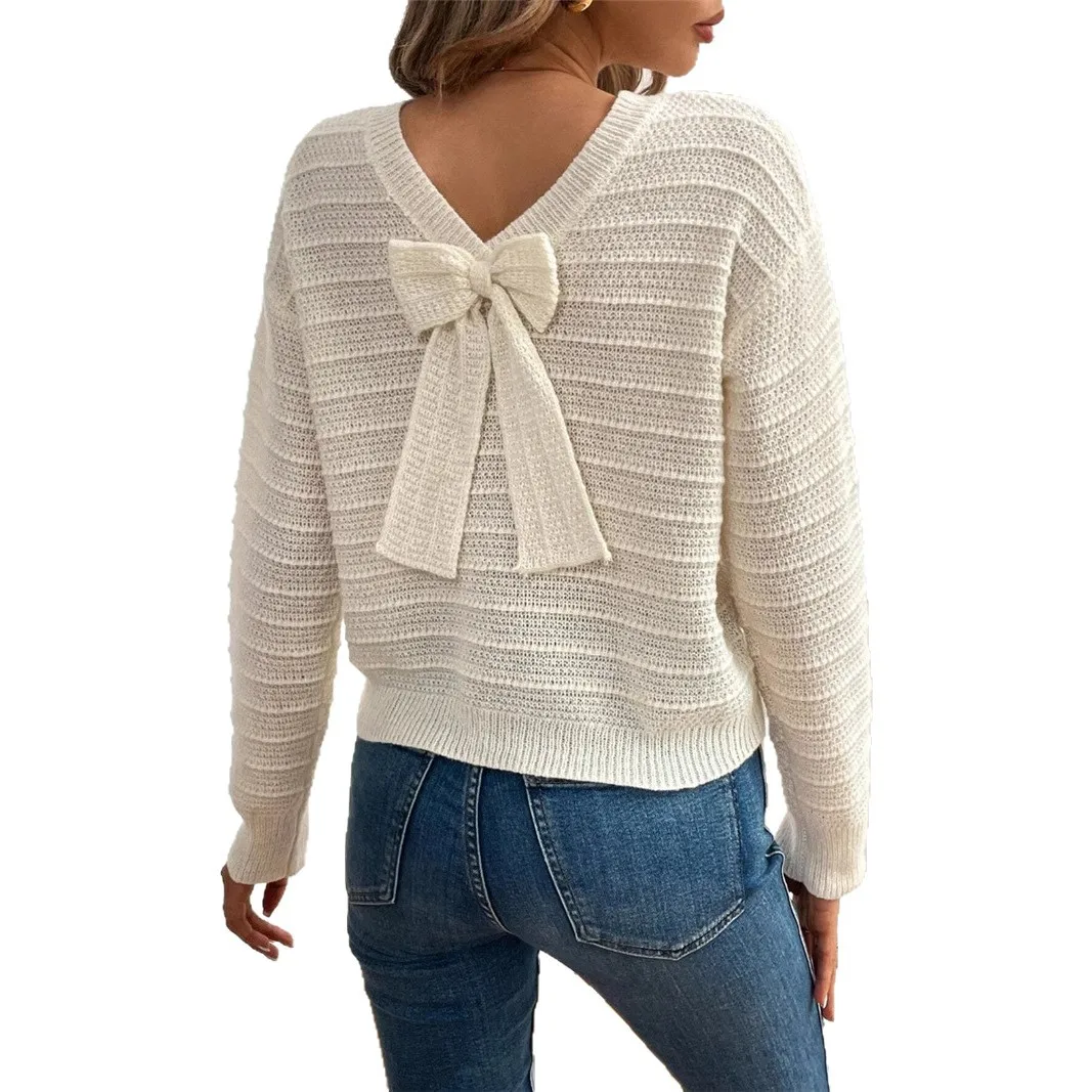 Women's  Knot Decorative Knitted Sweater Slim Fit Long Sve round Ne  Color Independent Season Batwing Sve