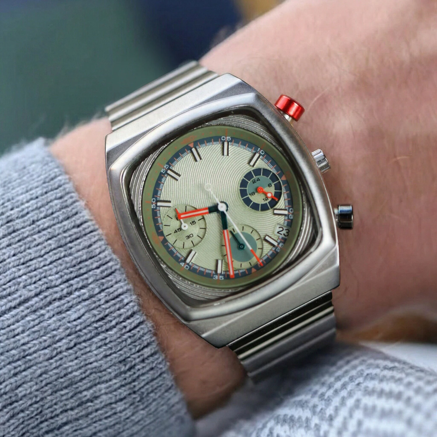 CILOA-Men Vintage Racing Square Watch Dial Chronograph Stainless Steel Quartz Wristwatc-501