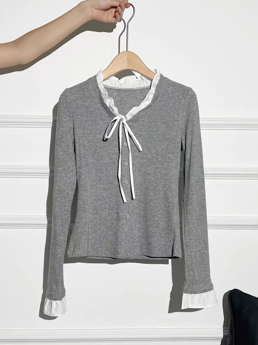 المرأة سترة الخريف الشتاء أنيق الحياكة تي شيرت تكدرت زر ربطة القوس فيونكة تصميم عادي الكتف كم طويل الأعلى