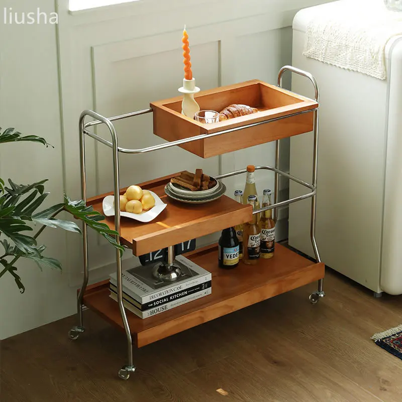 Household stainless steel small cart, ancient solid wood movable side table, sofa corner, dining side storage shelf