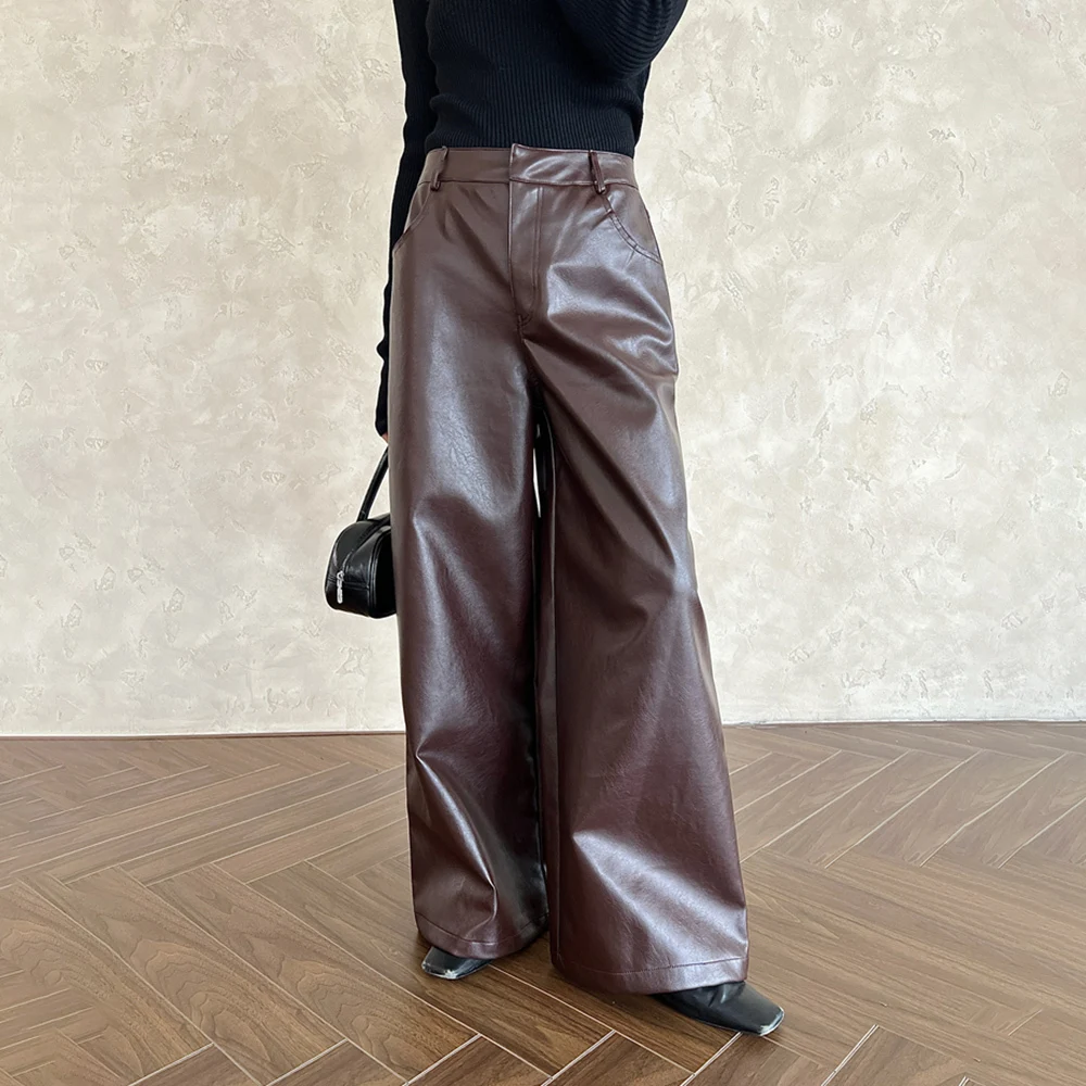 TWOTWINSTYLE Solid Patchwork Pocket Leather Trouser For Women High Waist Spliced Zipper Loose Vintage Wide Leg Pants Female New