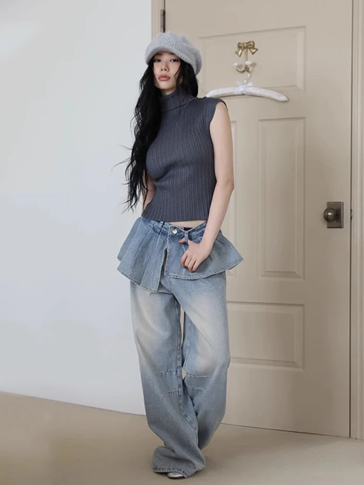 

Chic High Waist Bell Bot Jeans Women's Spring Anti-Aging Asymmetric Design Distred Casual Wide Leg Pants