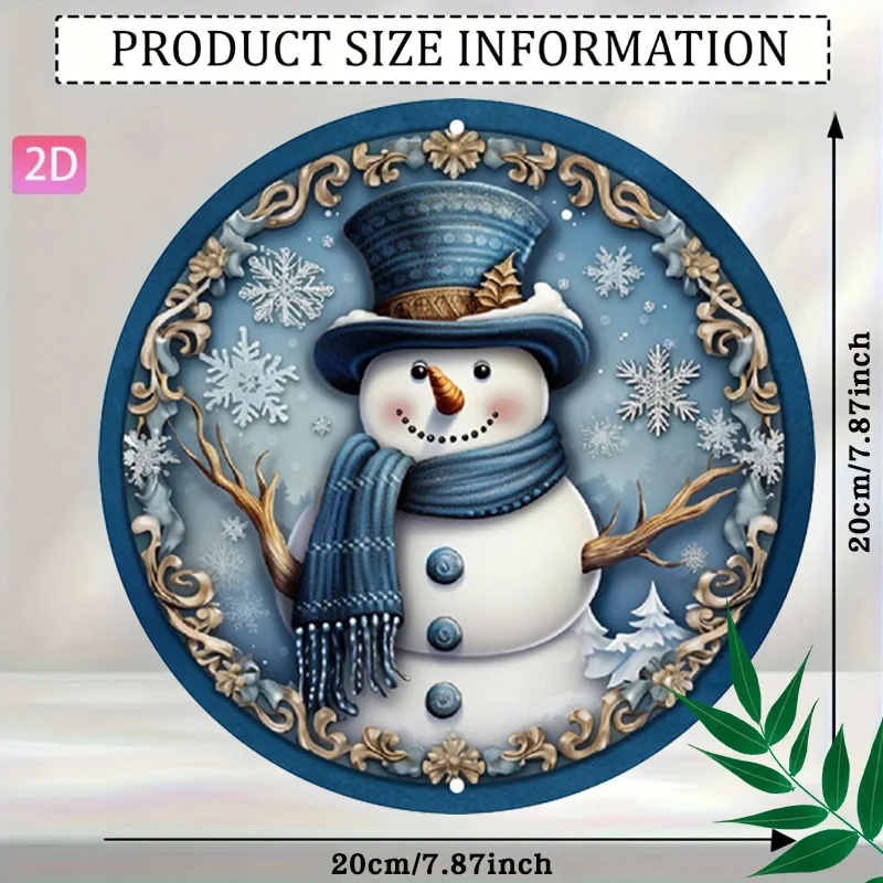 2D Flat - 1pc 2D Flat Snowman Round Decor | Vintage Blue Theme Wall Hanging, Perfect for Home, Farmhouse, Garage, Bar, Shop Deco
