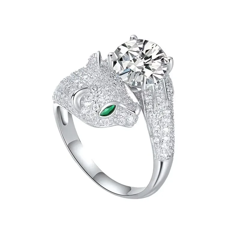 

Кольцо из настоящего зеленого муассанита, 2 карата, модное кольцо из стерлингового серебра 925 пробы с головой леопарда, регулируемые кольца GRA, свадебные роскошные ювелирные изделия