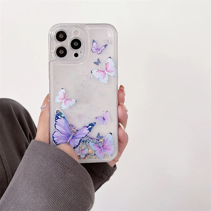 Cute Butterfly Luminous Quicksand Case for iPhone 15 14 13 Pro Max 16Pro 16Plus Gloss Coque Transparent Liquid Cover Funda Capa