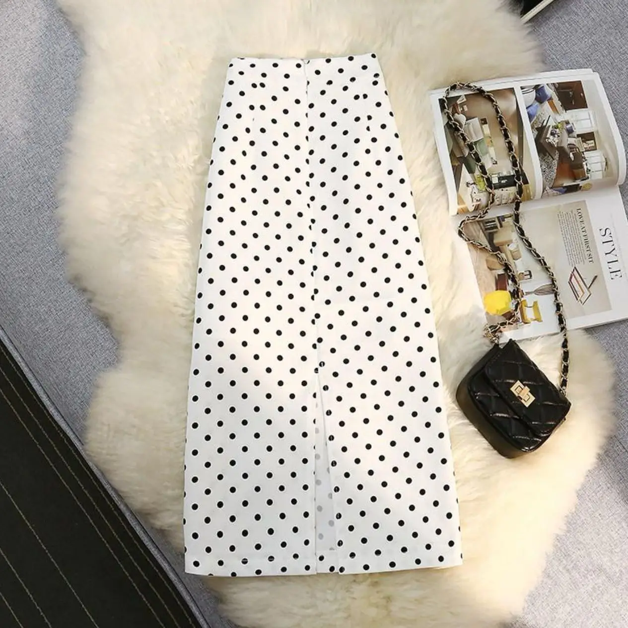 Polka Dot Black Skirts For Women Summer New High Waist Slim Package Hips Shirts Female Casual Slit Long Skirts