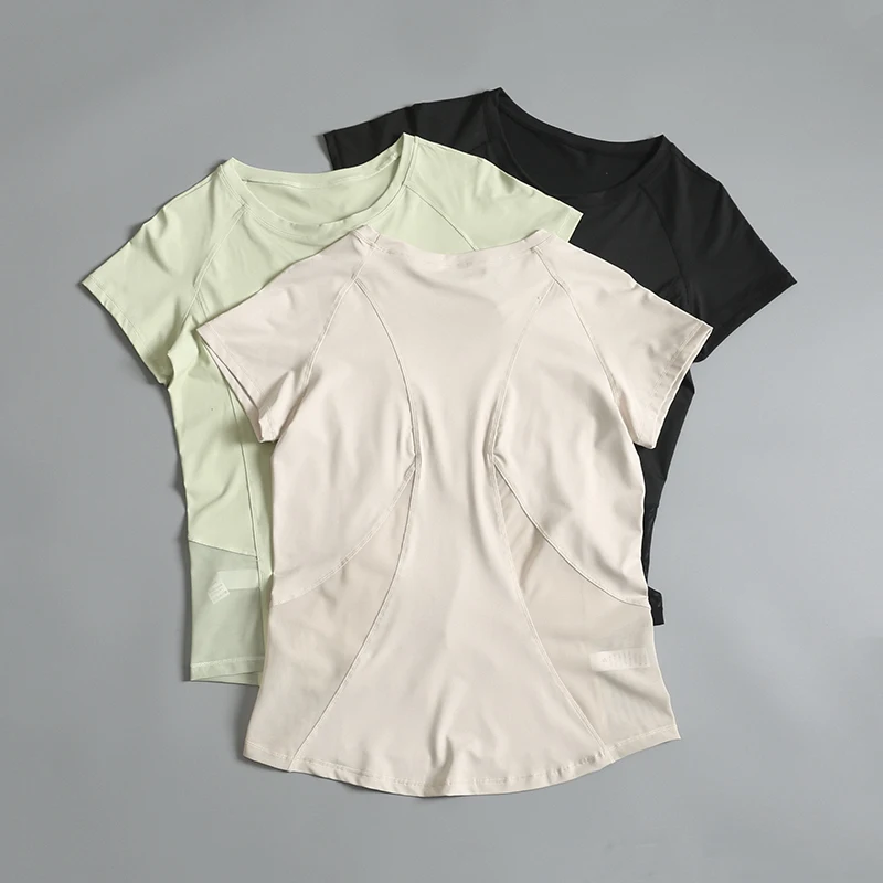 

Women's gym top, short sleeve breathable sports T-shirt, training style loose summer uniform, pure color, sexy yoga wear.