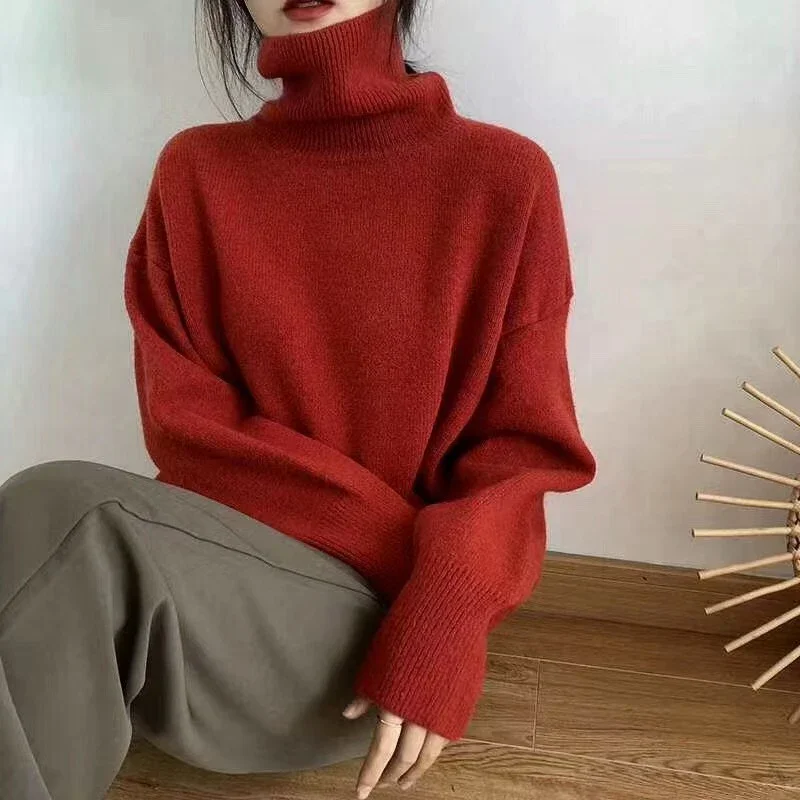 Pull en cachemire à col roulé pour femmes, style coréen, pull chaud, vêtements d'extérieur d'hiver, pulls pour femmes paresseuses, solide, 2023