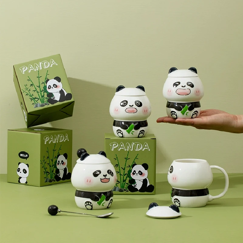 Creative Gifts Ceramic Mug with Lid Panda Coffee Cup with Spoon Living Room Drinking Cup Gift Box Home Decoration Insulation Cup