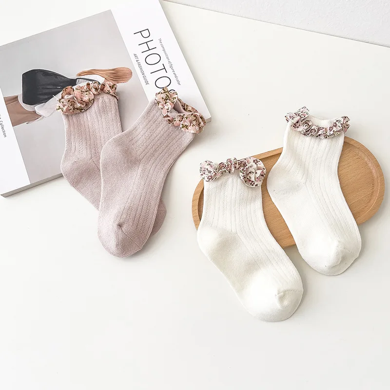 Baby Socks Floral Print Lace Trim Kids Accessories Spring Girls Long Sokken Spanish Style Kawaii Floor Sox Cotton Newborn Hose