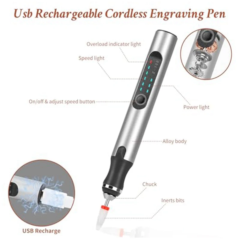 Penna per incisione AA86 con 37 bit, strumento per incisione senza fili ricaricabile tramite USB, incisore rotativo portatile fai-da-te