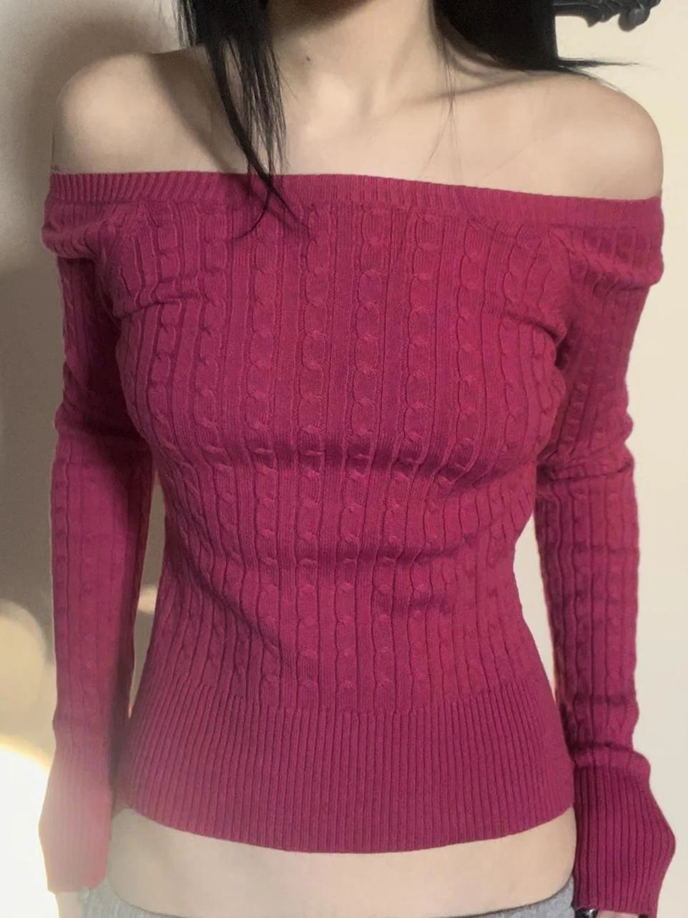 IAMSURE Slim Knitted Cropped Pullovers Basic Slash Neck Long Sleeve Sweater Women 2024 Autumn Winter Fashion Streetwear Ladies