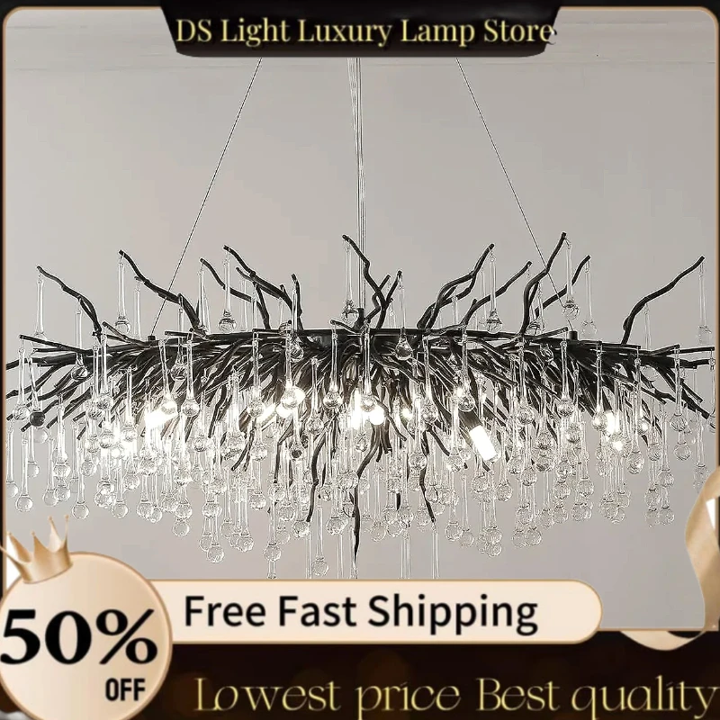 

Nordic Luxury Crystal G9 Chandeliers Black Gold Water Drop Pendant Light Living Room Hotel Hall Villa Indoor Decor Fixture