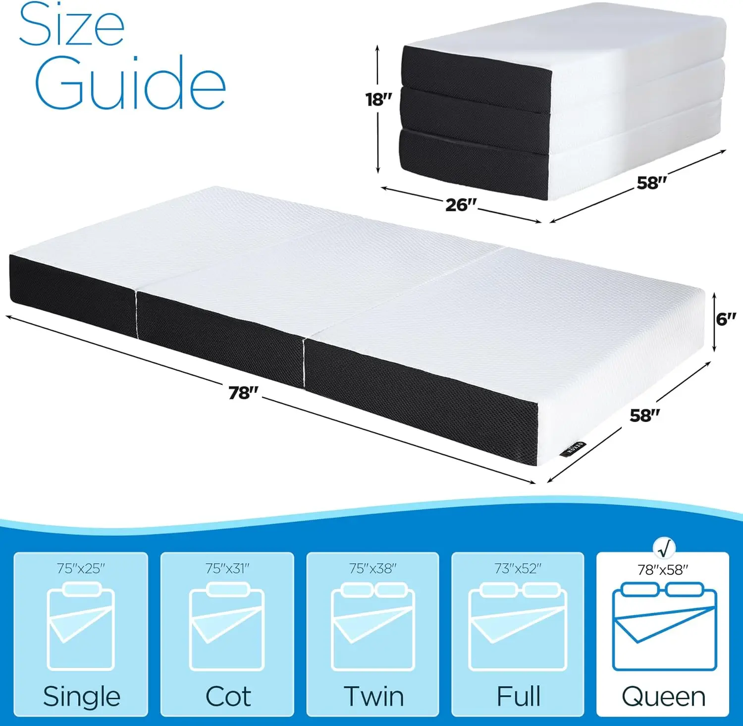 Queen Size,6 inch  -fold Memory Foam Mattress Topper with Washable Cover, Non-Slip Bottom Mattress Guest Bed