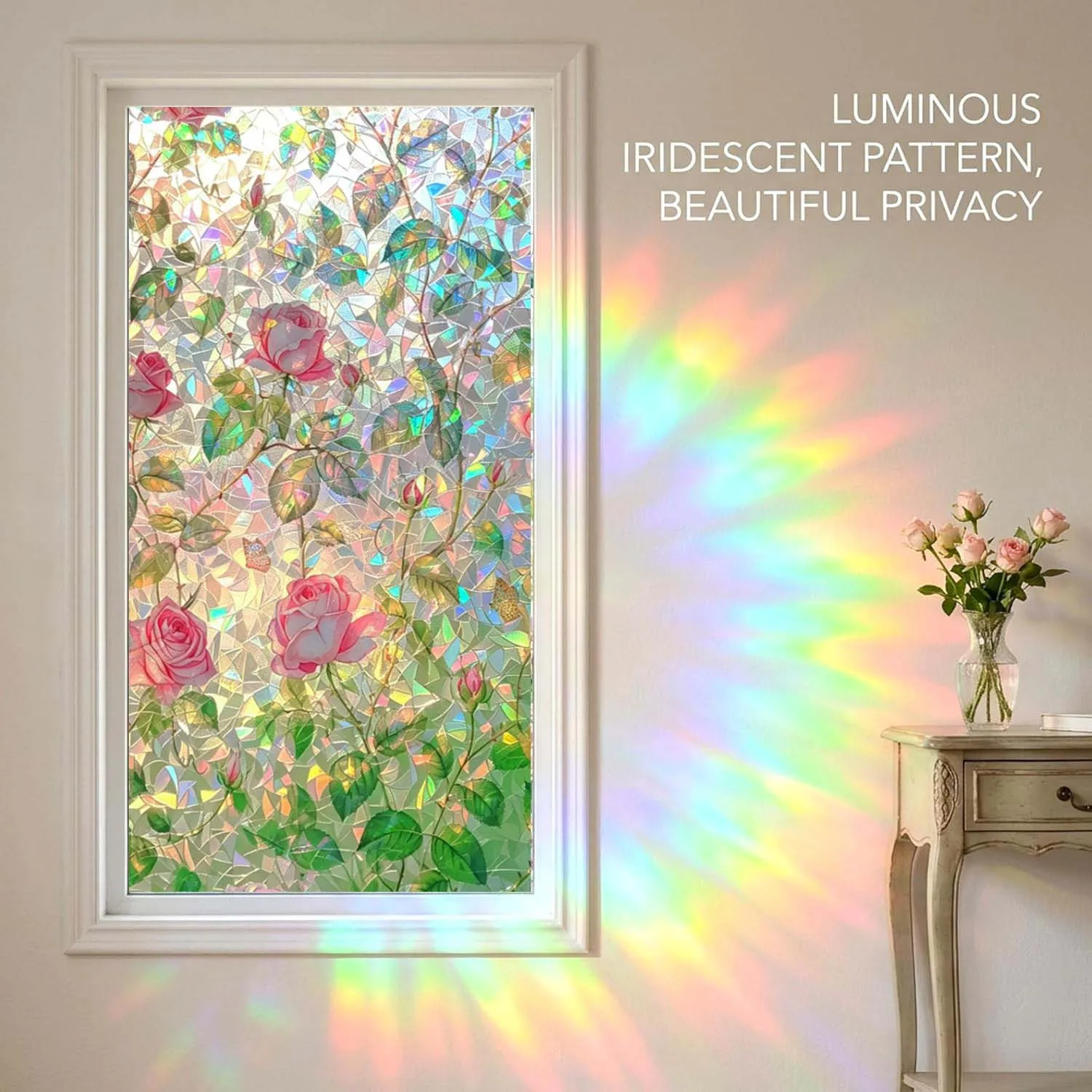 Rainbow Rose Window Film Stained Glass Static, Glueless Privacy Glass Sticker, UV Block Heat Removable Window Tint for Bedroom