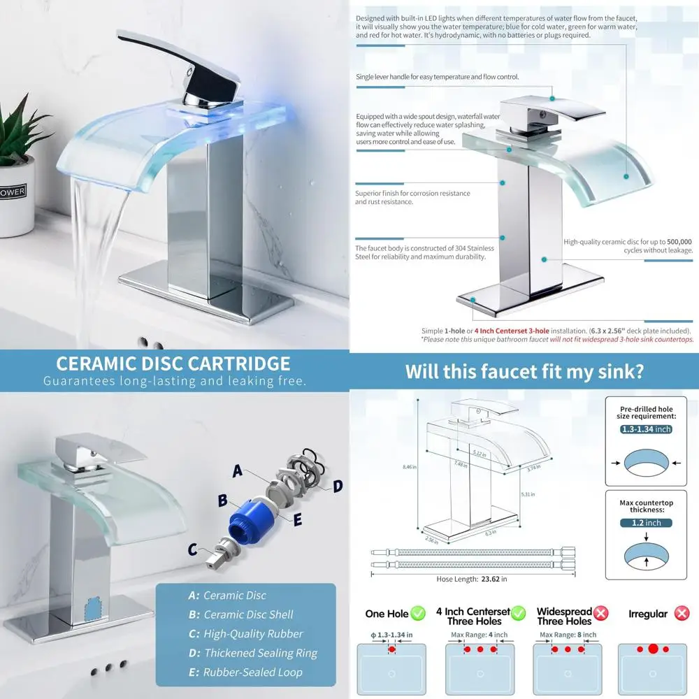 

Color-Changing LED Temperature Control Waterfall Bathroom Sink Faucet, Chrome Finish, 1-Hole, 4-Inch Centerset, LED Bathroom Fau