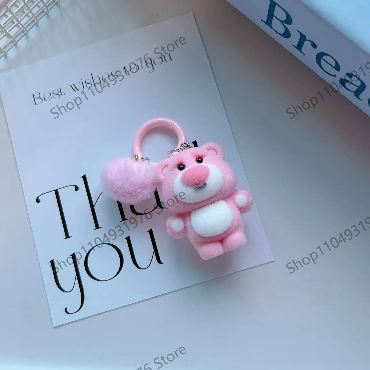 Disney Flocking Cute Pink Bear Keychain Ladies Bag Decoration  anime plush plush toys