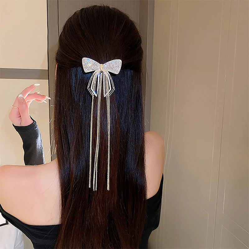 New Fashion Bow Tassel Hair Clips For Women Delicate Sparkly Rhinestone Tassel Hairpin Hair Accessories 2023