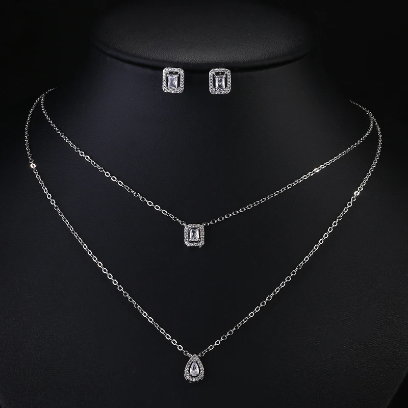 RAKOL Women Double Layer Necklace Zircon Earrings Ring Bracelet Opening Set Droplet Pendant Square Crystal Wedding Jewelry