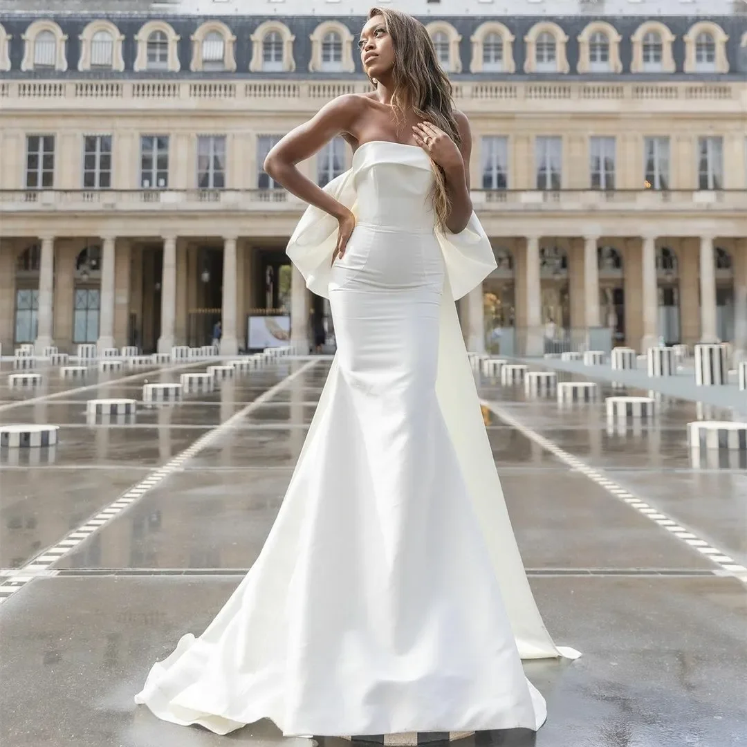 Robe de mariée sirène sans bretelles avec nœud, élégante, sexy, train de balayage, satin, robes éducatives, patients, quoi que ce soit pour les femmes