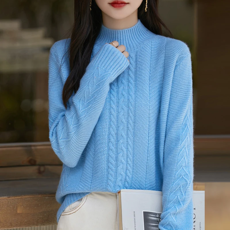 Autumn and Winter New Women's Half High Collar Pullover Shirt 100% Wool Cashmere Sweater Knitted Solid Color Loose Soft Top