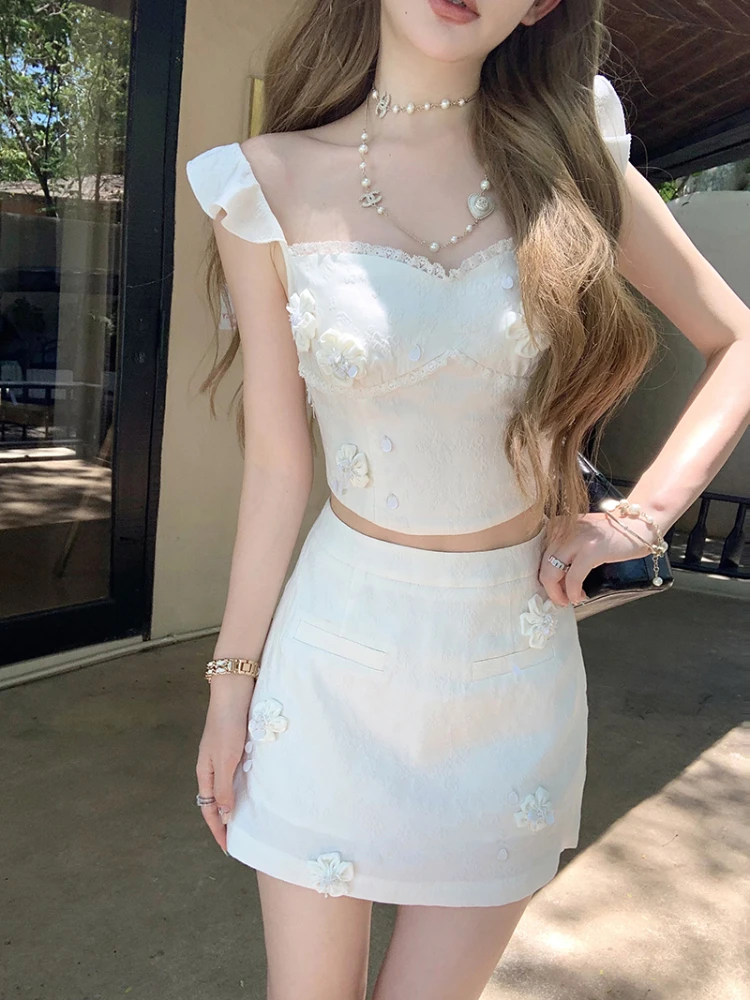 2024 French Sweet White Suit Women Summer 3D Flower Sequin Lace Stitching Flying Sleeve Top+A-Line Skirt Slim 2-Piece Set Tide