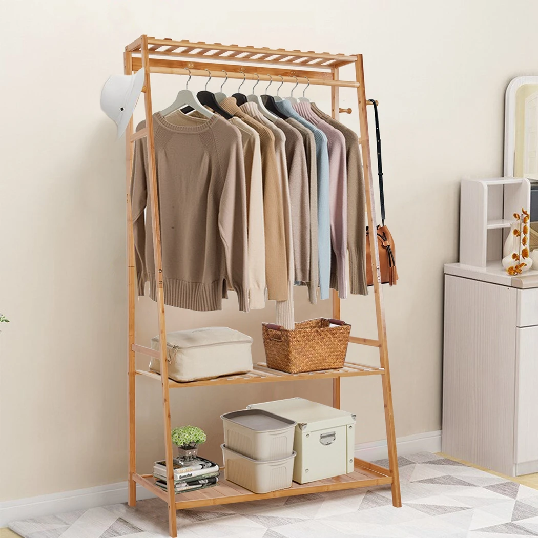 Bamboo Clothes Rail Rack Free Standing Garment Rack with 3 Storage Shelves and 10 Hooks