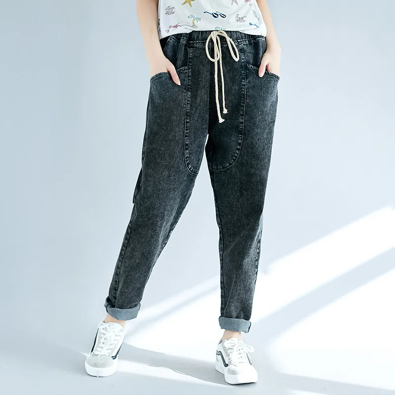 

Nice Spring Pop 300 Kg XL Fat MM Jeans Woman Extra large size Denim Pants Loose High Waist Jeans Drawstring Feet Trousers