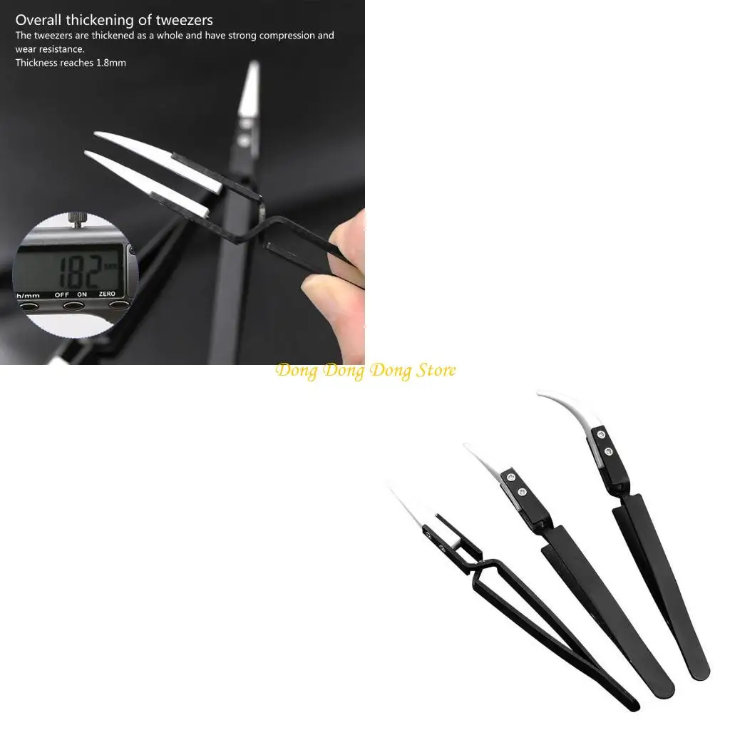 

3 Pcs Ceramic Stainless Steel Tweezers Curved Straight Tweezers Heat Resistant Tweezers for Electronics Laboratory Work