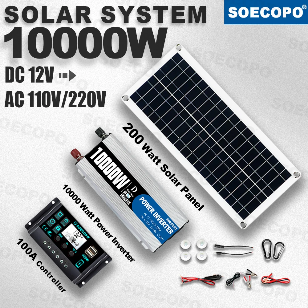 SOECOPO 10000W Multi-Protection Solar Power Kit 200W Panel 100A Controller Inverter with Overload Overheat for RV Travel Camping