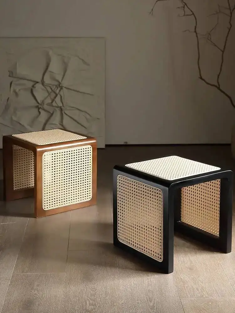 Side Rattan Table Small Square Table Solid Wood Coffee Table for Living Room Wood Table