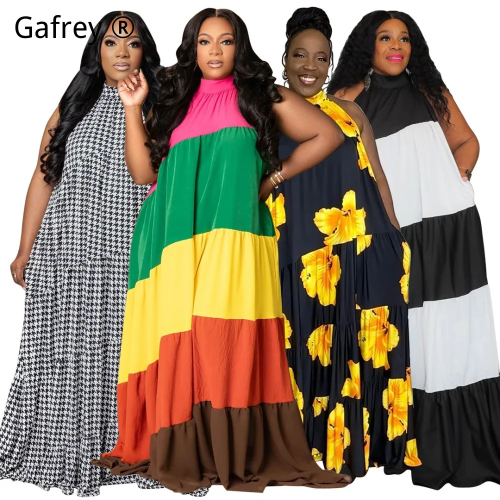 

New 5xl 3xl 2xl Plus Size Color Block Dress Women Splicing Contrast Long Full Swing Maxi Dress Visual Slimming Artistic Summer