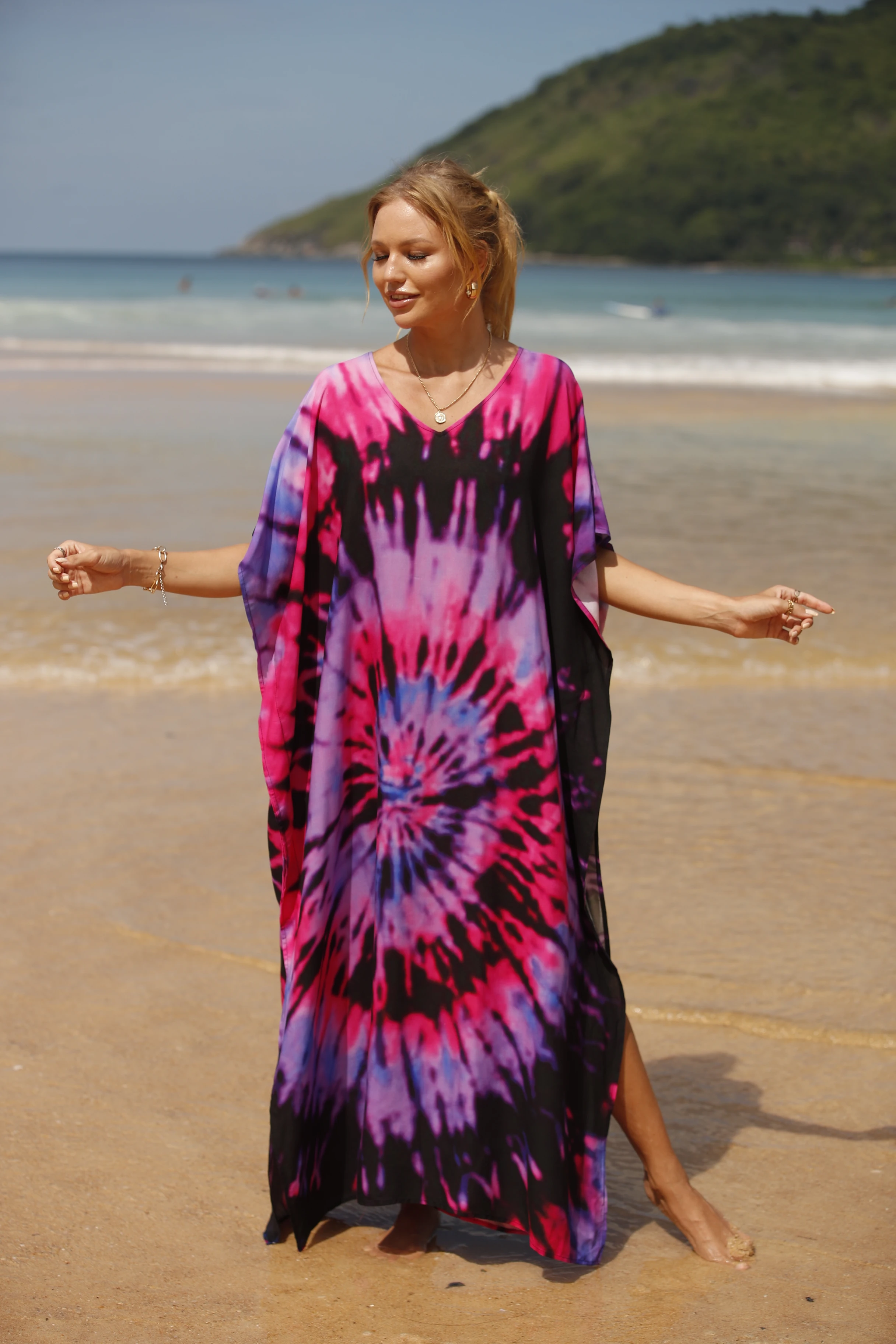Tie Dye Print V Neck Side Split Kaftan Dresses for Women, Oversized Flowy Caftans for Women Plus Size Casual Moo Moos for Women,