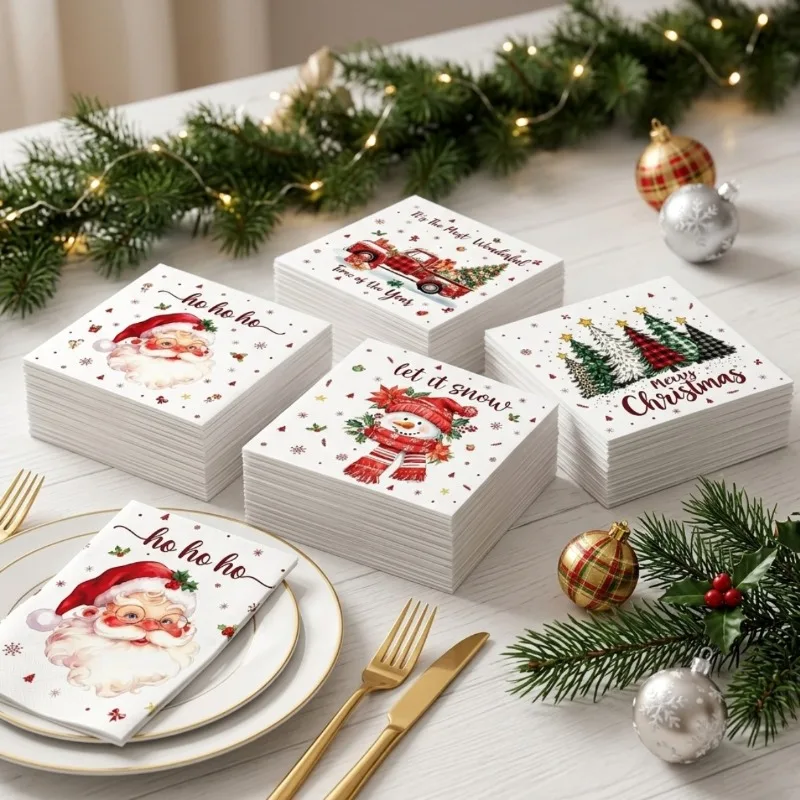 Christmas Party Napkins, Disposable Hand Wipes With Vintage Santa, Snowman, Red Truck Patterns, Festive Table Decoration Napkins